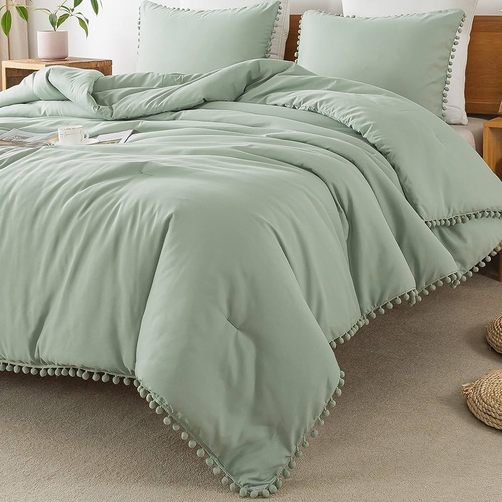 Litanika Sage Green Pom Pom Fringe Comforter Queen(90x90 Inch), 3 Pieces(1 Comforter and 2 Pillowcas | Amazon (US)