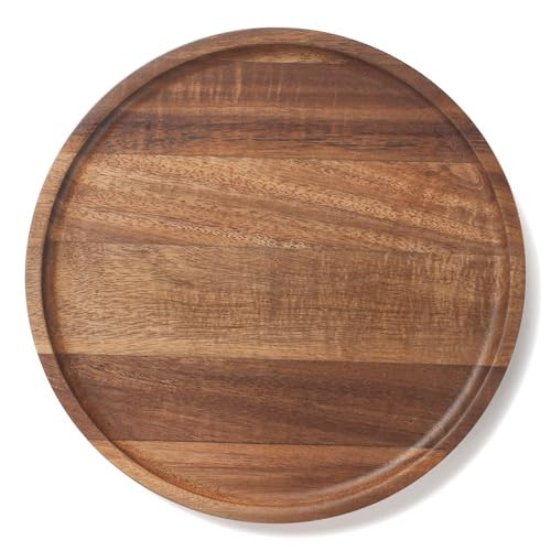Round Wood Tray, Acacia Wooden Decorative Serving Tray for Coffee Table and Home Decor, Wooden Appetizer Charcuterie Board for Kitchen Countertop (9.8 inch) | Amazon (US)