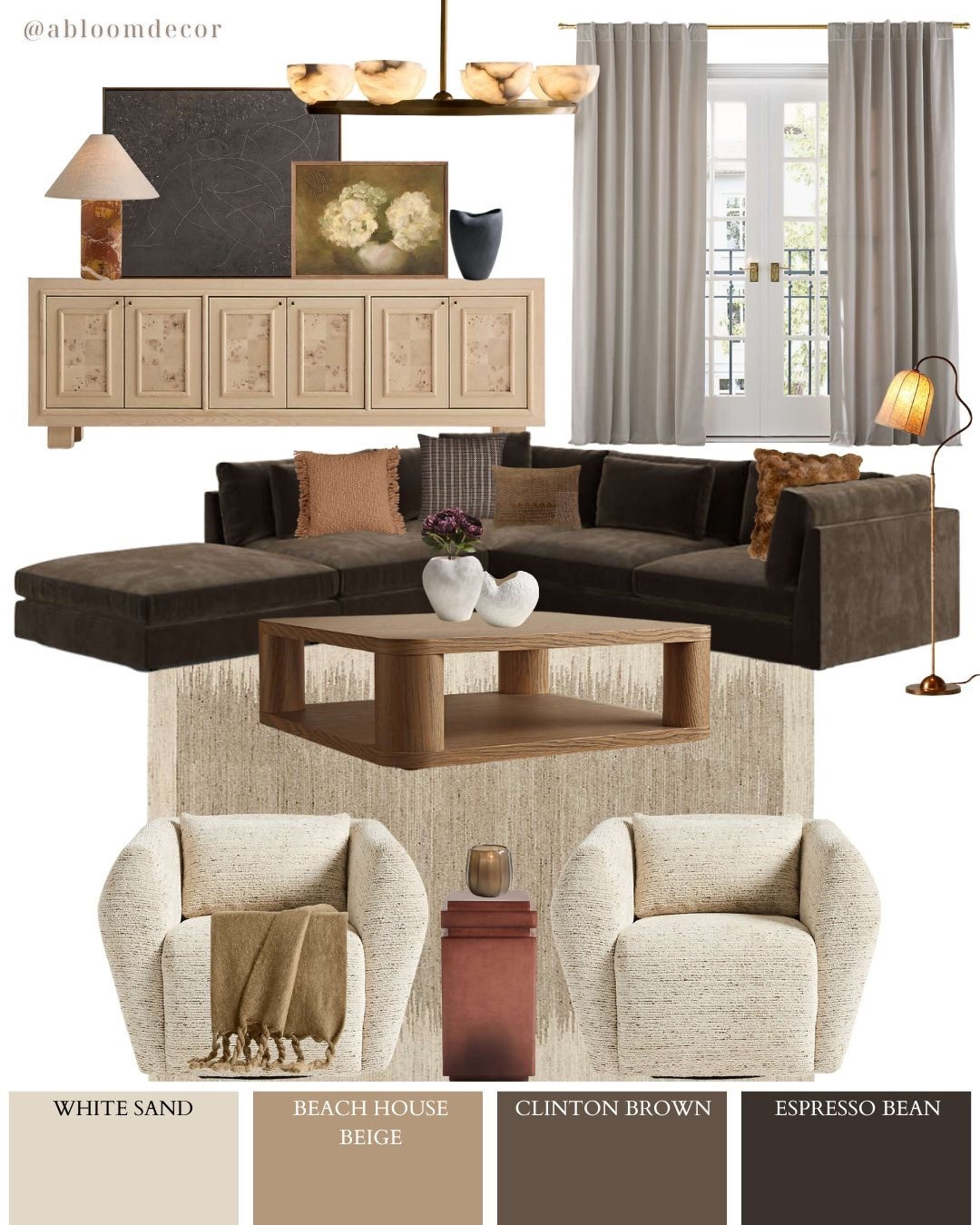 When I designed this living room, I really wanted it to feel warm and welcoming without being too busy. The brown couch sets the tone — rich, deep, and full of cozy vibes — while lighter beige accents and natural wood pieces keep the room from feeling too dark. I layered in soft textures, warm lighting, and a few classic accessories to make the space feel balanced.

#LTKHome