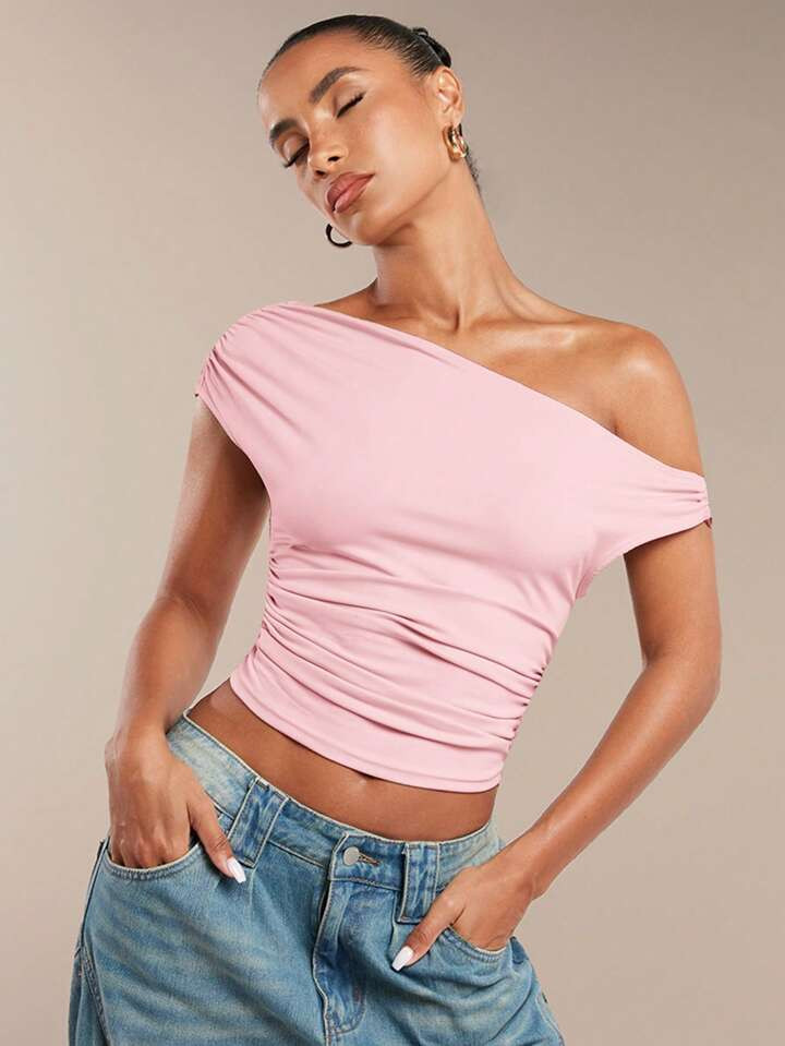 SHEIN BAE Damen Einfarbige Gerafftes Asymmetrisch Schulter Sommer Lässig Bluse | SHEIN