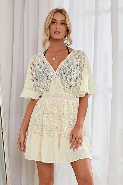 Ivory Coast Plunge Bell Sleeve Ruffle Dress | Cupshe