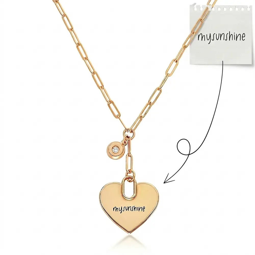 Handwriting Engraved Heart Paperclip Necklace in Gold Plating with Diamonds | Theo Grace
