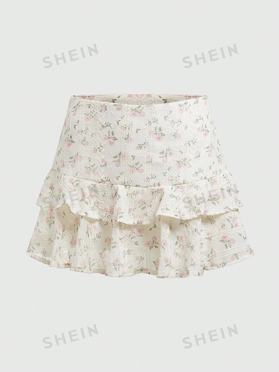 ROMWE Fairycore Women's Embroidery & Printed Texture Fabric Ruffle Edge Mini Skirt | SHEIN