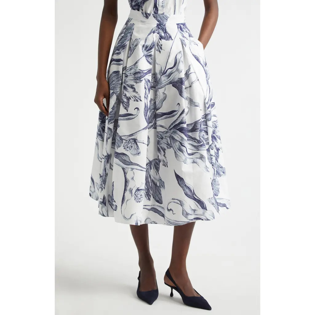 Erdem Print Pleated Cotton Midi Skirt in Botanical Engraving Ivory at Nordstrom, Size 14 | Nordstrom