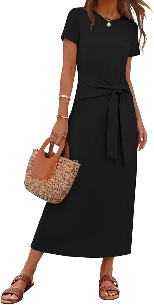 MEROKEETY Women's 2026 Summer Casual T Shirt Dresses Short Sleeve Tie Waist Long Work Beach Vacat... | Amazon (US)