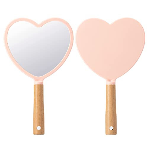 YEAKE Hand Held Mirror with Handle for Makeup,Small Cute Wood Hand Mirror for Shaving with Hole Hanging Single-Sided Portable Travel Vanity Mirror for Men&Women(Heart,Pink,1Pack) | Amazon (US)