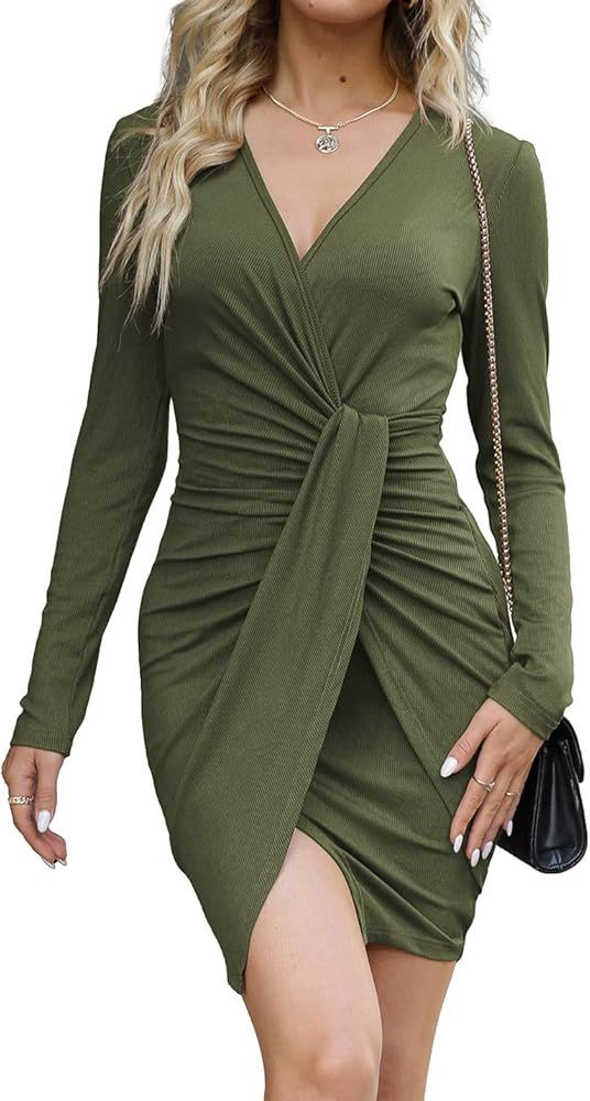 NOLLSOM Women Casual Long Sleeve V Neck Wrap Dress Solid Color Bodycon Front Twist Mini Dress Rib... | Amazon (US)