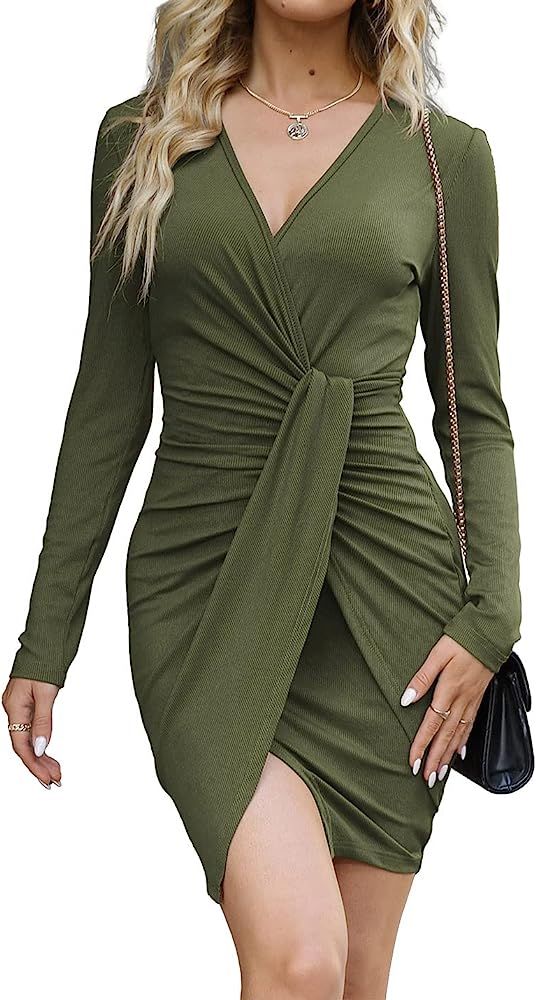 NOLLSOM Women Casual Long Sleeve V Neck Wrap Dress Solid Color Bodycon Front Twist Mini Dress Rib... | Amazon (US)