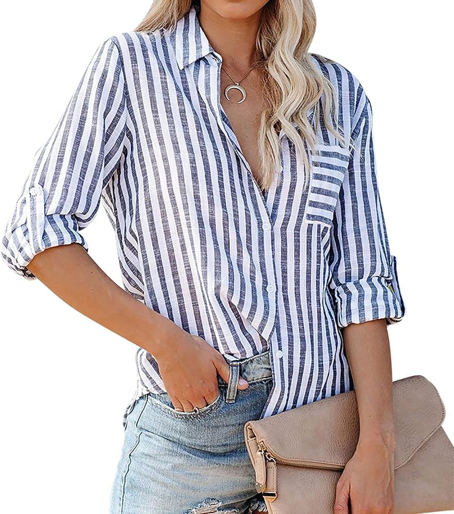 R.Vivimos Women's Fall Cotton Long Sleeves Roll Up Striped Casual V Neck Button Down Shirts Blouses | Amazon (US)