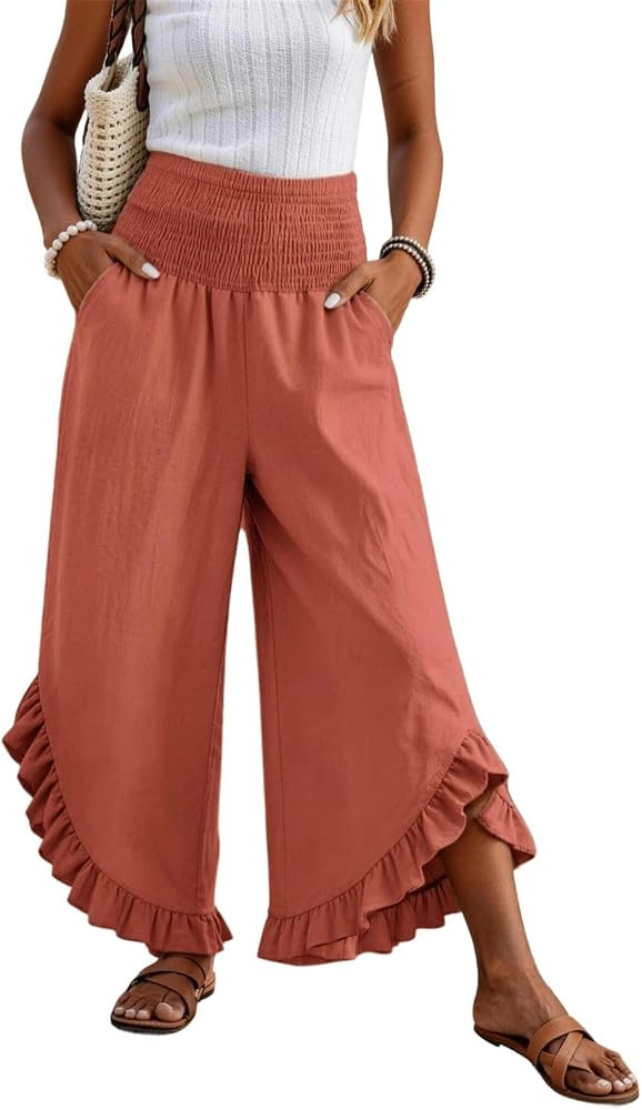 Women Linen Palazzo Pants Boho Wide Leg Pants High Waist Flowy Casual Beach Pant w Pocket Summer ... | Amazon (US)