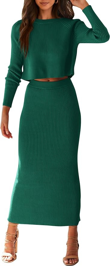 PRETTYGARDEN Women's Spring Fall 2 Piece Sweater Set Rib Knit Long Sleeve Crop Top Maxi Bodycon S... | Amazon (US)