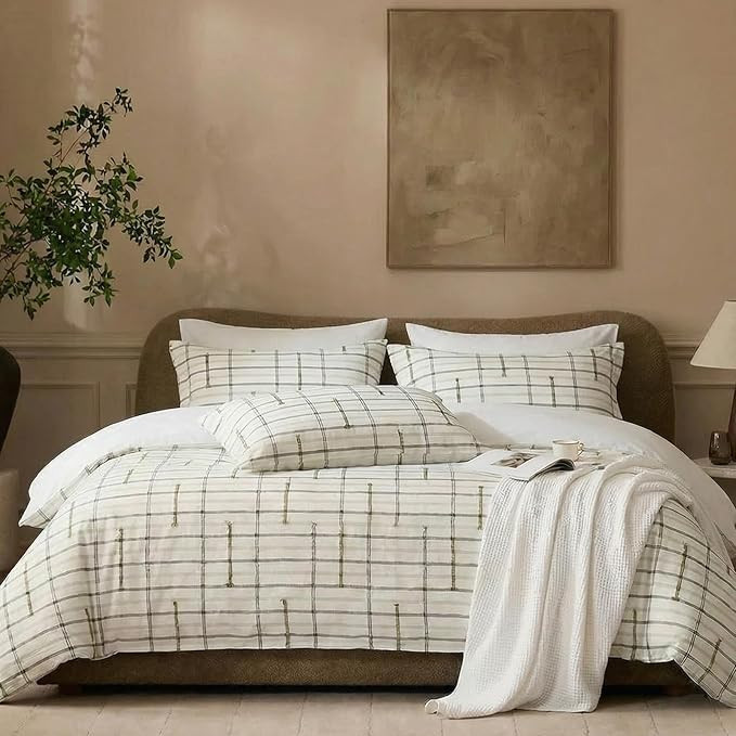 100% Cotton Duvet Cover Set King Size, Neutral Grid Striped Tufted Duvet Cover, Soft Breathable C... | Amazon (US)