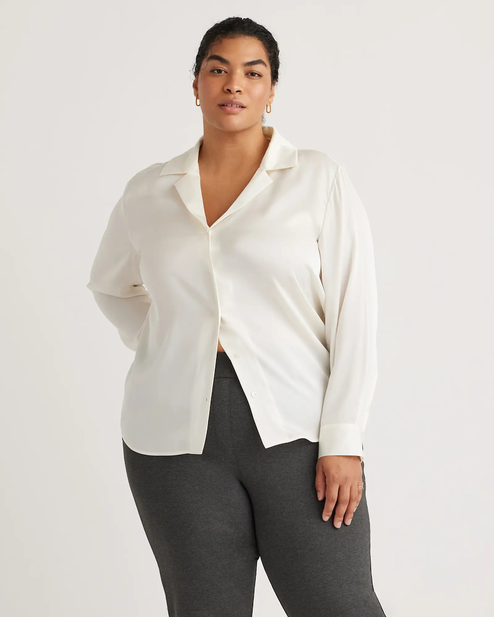 Washable Stretch Silk Notch Collar Blouse - Plus Size in Ivory | Quince