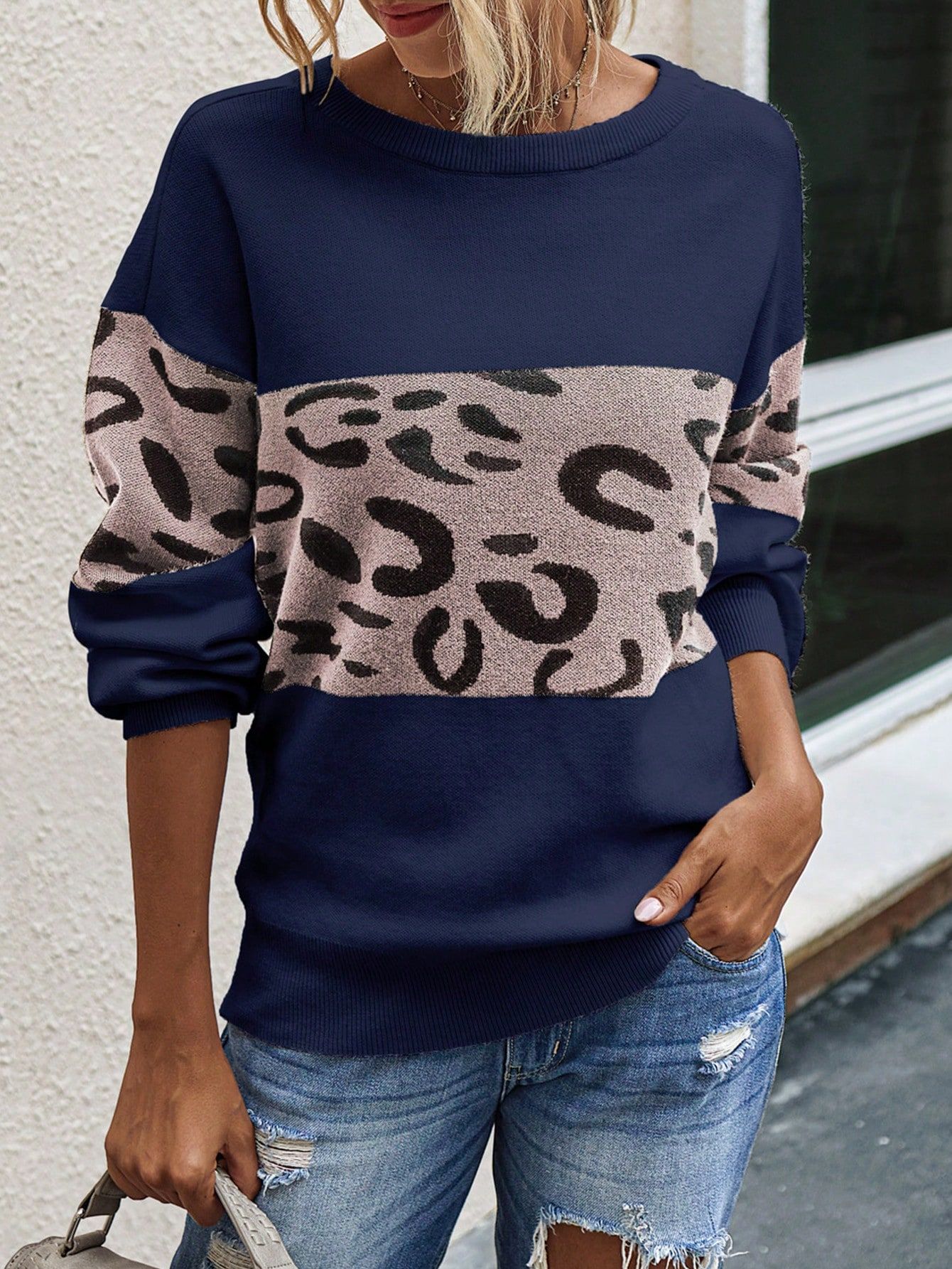 Leopard Pattern Colorblock Drop Shoulder Sweater | SHEIN