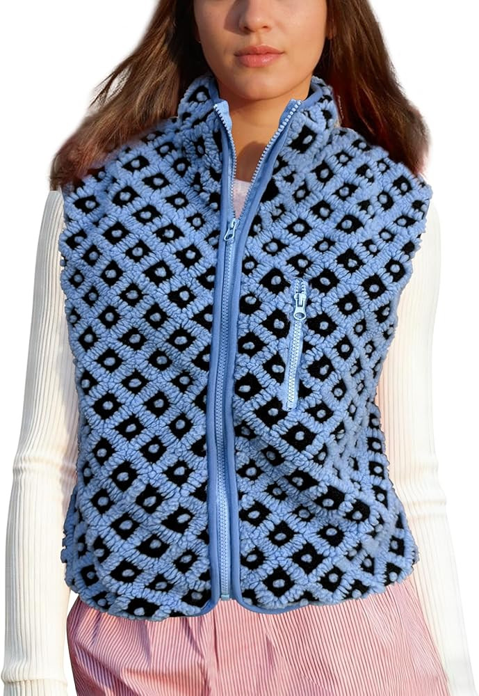 Womens Checkered Sherpa Vest Sleeveless Winter Fleece Jacket High Neck Zip Up Plaid Gilet with Ch... | Amazon (US)