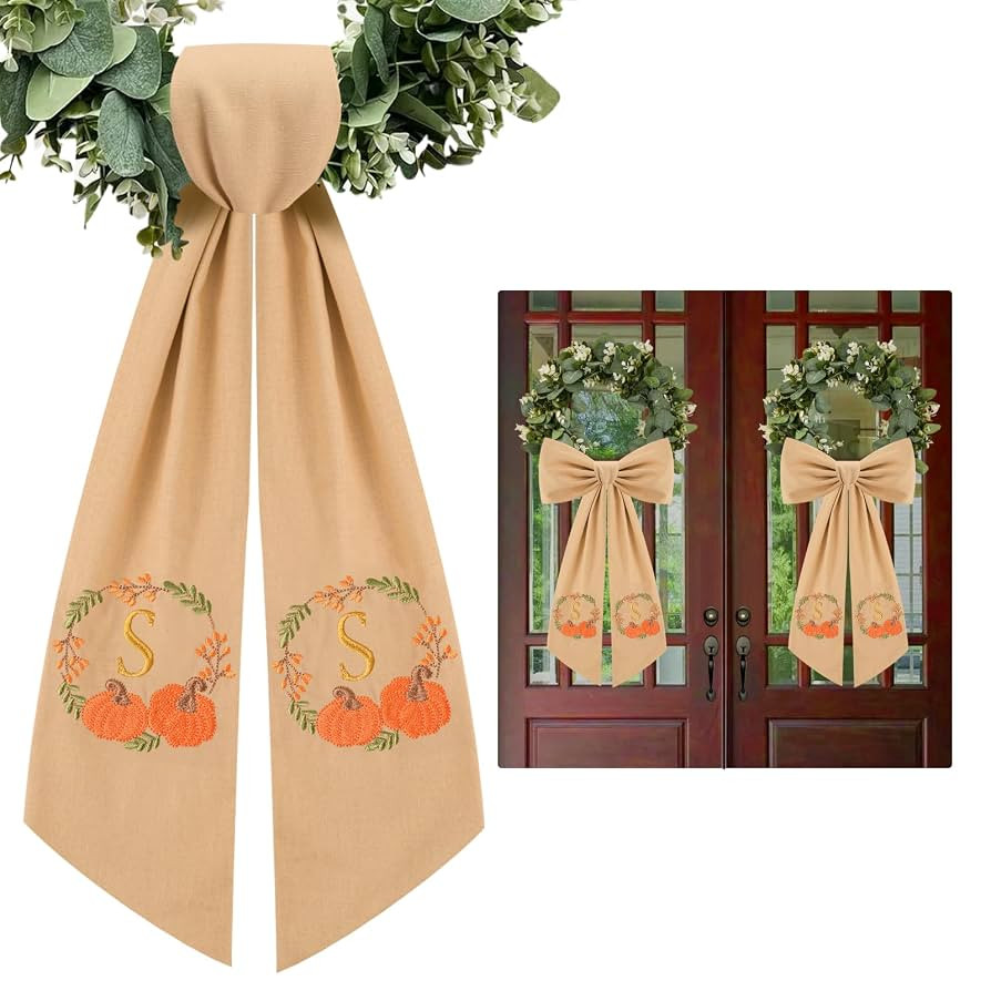 2 Pcs Fall Wreath Sash for Front Door Embroidery Monogram Pumpkin Ribbon Sash for Fall Thansgivin... | Amazon (US)