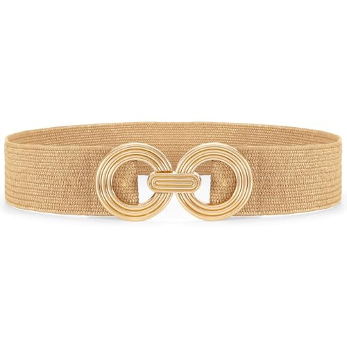 Waist Wow Straw Woven Elastic Belt for Women Fashion Wide Belts Stretchy Boho Belt Ladies Beach Dress Belt with Gold Buckles | Amazon (US)