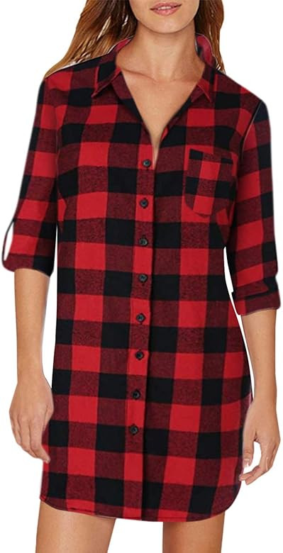 Auxo Women Long Sleeve V Neck Pocket Shirt Dress Tunic Top Casual Solid Charade Blouse | Amazon (US)