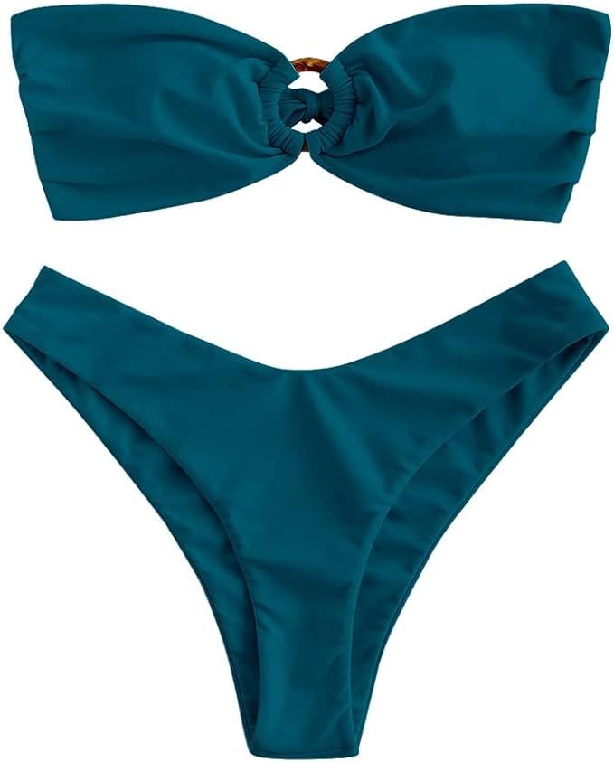ZAFUL Women O Ring Bandeau Bikini Set, Strapless Swimsuit Tie Bikini High Cut 2 Pieces Bathing Su... | Amazon (US)