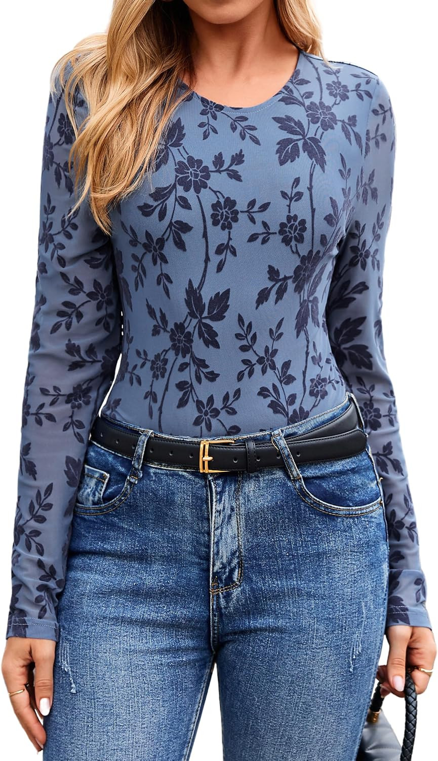 Glamaker Womens Floral Mesh Top Long Sleeve Going Out Sheer Y2K Fitted Tops | Amazon (US)