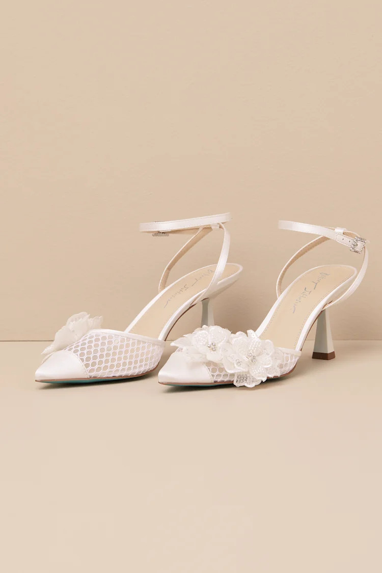 SB-Susie Ivory Mesh Applique Ankle Strap Pumps | Lulus