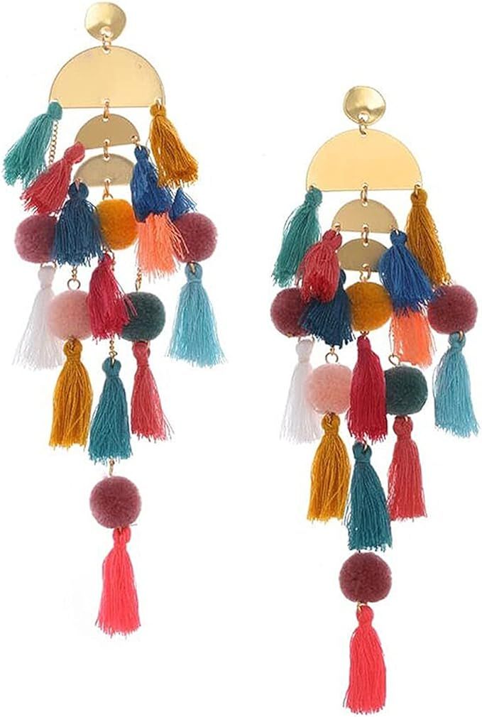 Long Tassel Statement Earrings for Women Gold Plated Pom Pom Fringe Danle Earrings Fashion Bohemi... | Amazon (US)