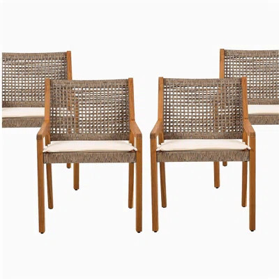 OUTDOOR DINING CHAIR SET-Acacia Wood and Wicker with Cream Cushion Patio Furniture-Teak finish & wicke Brown ,Suitable for large gatherings-set of 6(N | Wayfair North America
