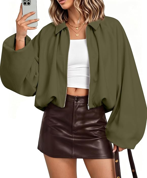 Womens Oversized Bomber Jackets Puff Sleeve Pleated Cropped Coats | Amazon (US)