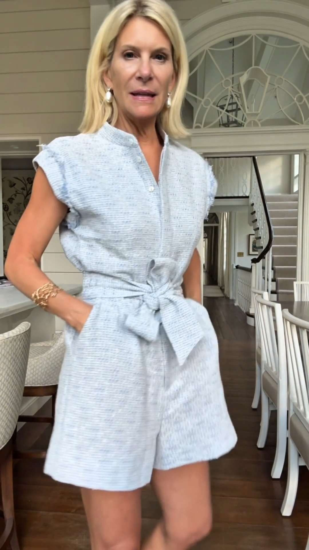 Blue Tweed Romper with Longer Shorts 

 #LTKootd #LTKSeasonal #LTKOver40
