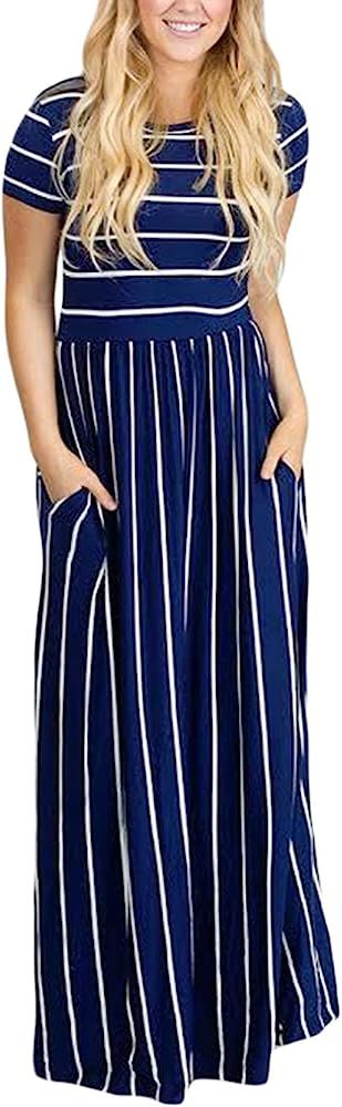 HOTAPEI Women's Summer Casual Loose Fshion Striped Maxi Dress Short Sleeve Dress with Pocket | Amazon (US)