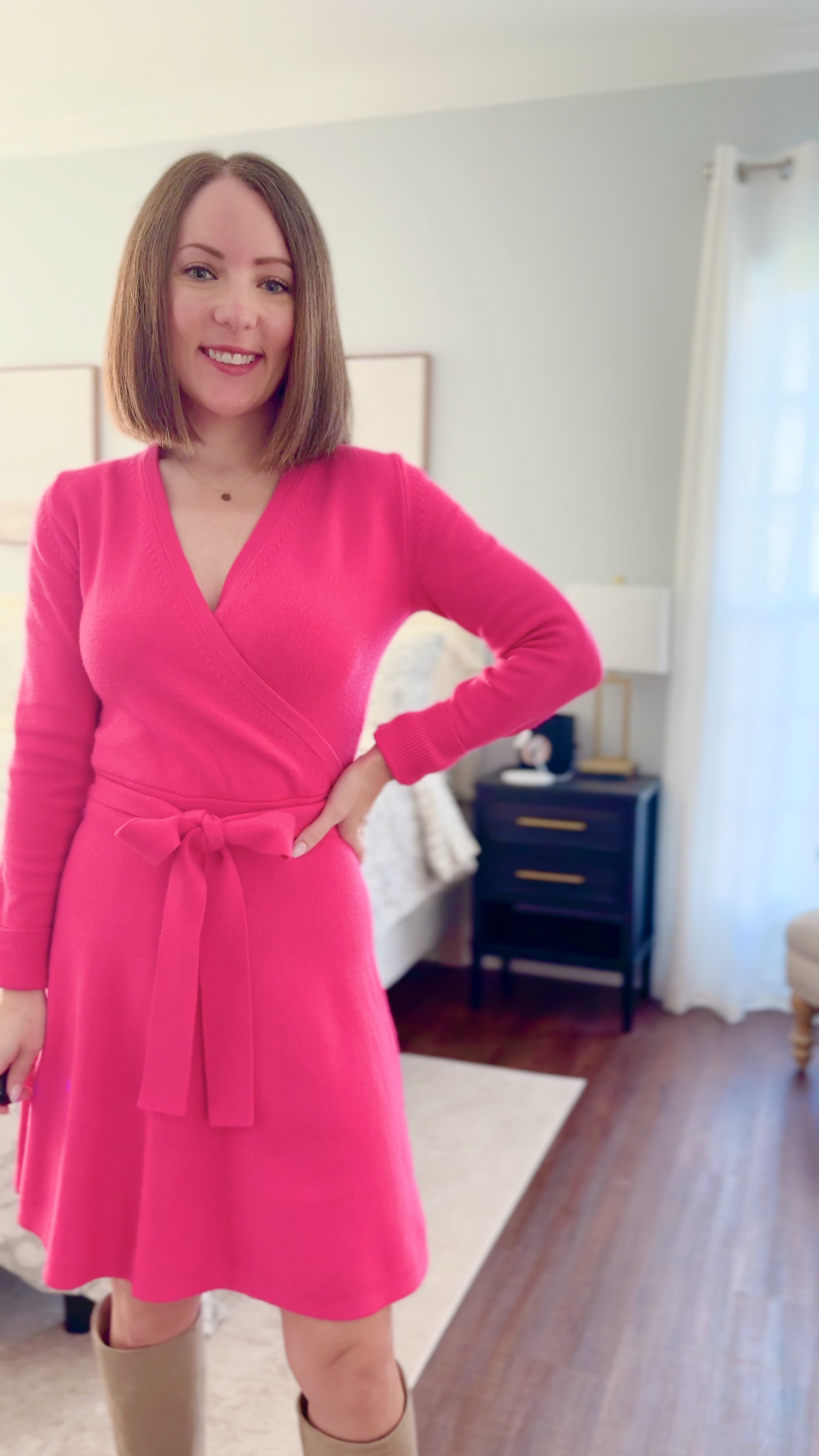 My pink wrap sweater dress is on sale on Amazon for just $35 💕wearing size XS and it’s very stretchy  