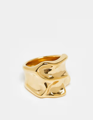 ASOS DESIGN waterproof stainless steel wide band ring in molten design in gold tone | ASOS | ASOS (Global)