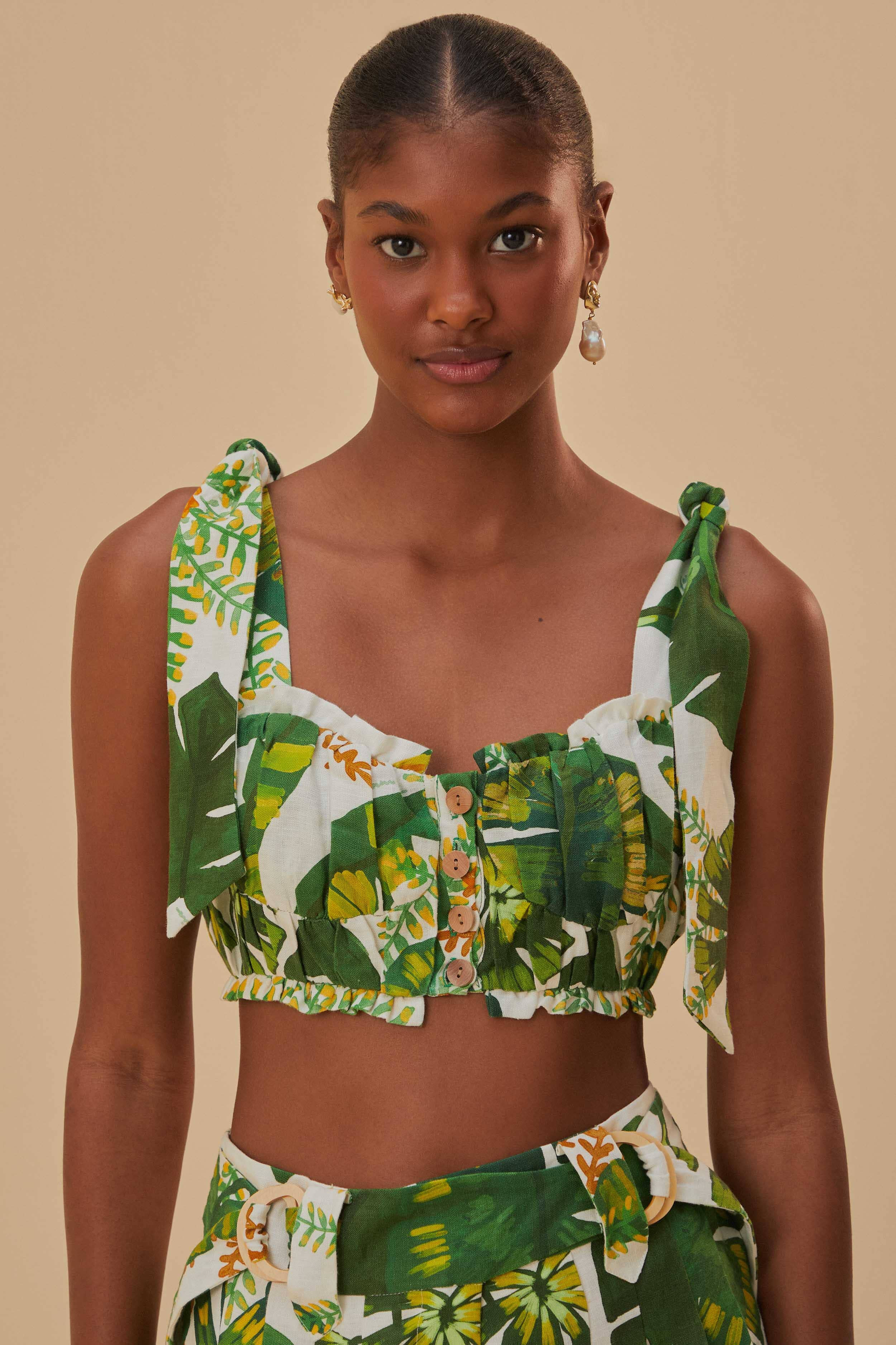 Tropical Forest Off-White Knot Sleeveless Crop Top | FarmRio (US)