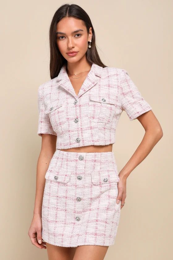 Posh Influence Pink and White Tweed Rhinestone Mini Skirt | Lulus