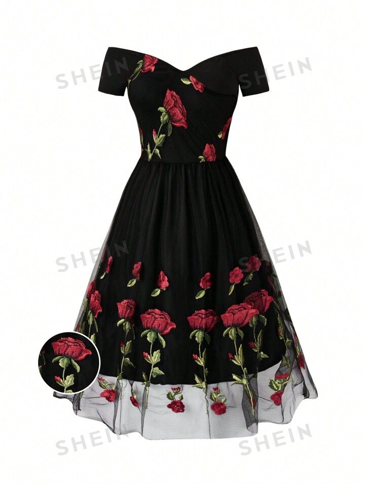 SHEIN Belle Plus Size Off-Shoulder Floral Embroidery Splice Dress | SHEIN