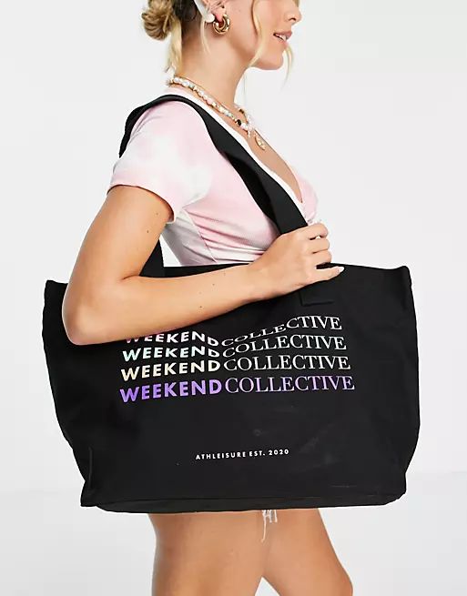 ASOS DESIGN Weekend Collective multi color logo tote bag in black | ASOS (Global)