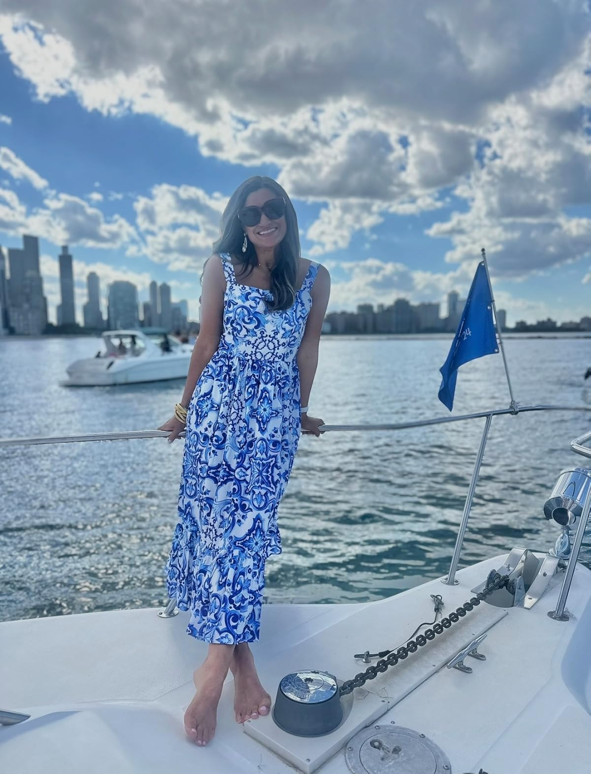 Blue and white floral pattern dress for summer 

 