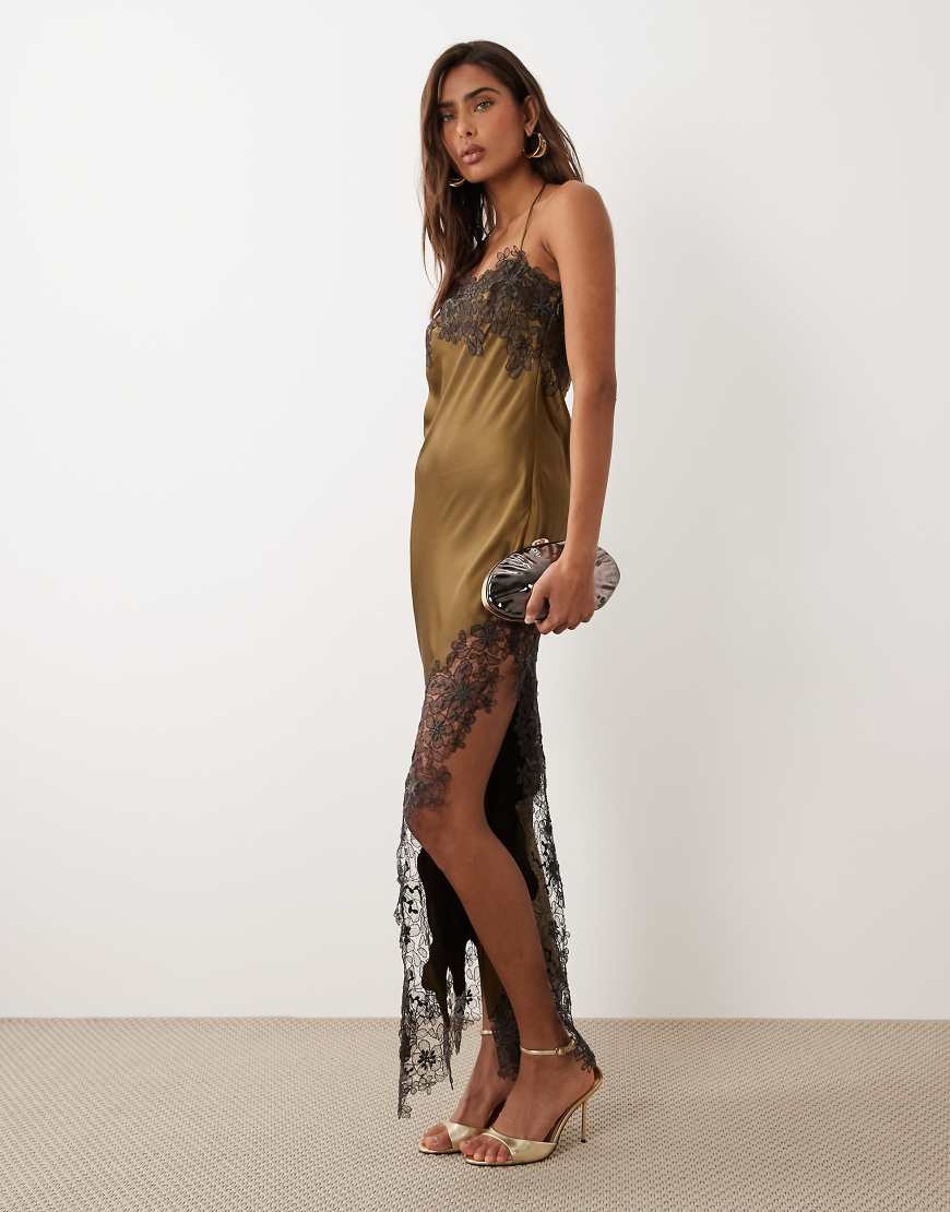 ASOS DESIGN satin lace applique midi dress in khaki-Pink | ASOS (Global)