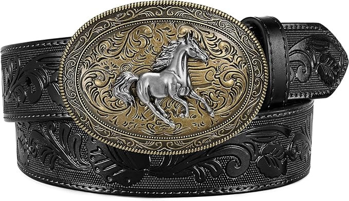 Western Cowboy Belt for Men Women, Country Longhorn-Bull Horse Buckle Embossed Leather Belt for J... | Amazon (US)