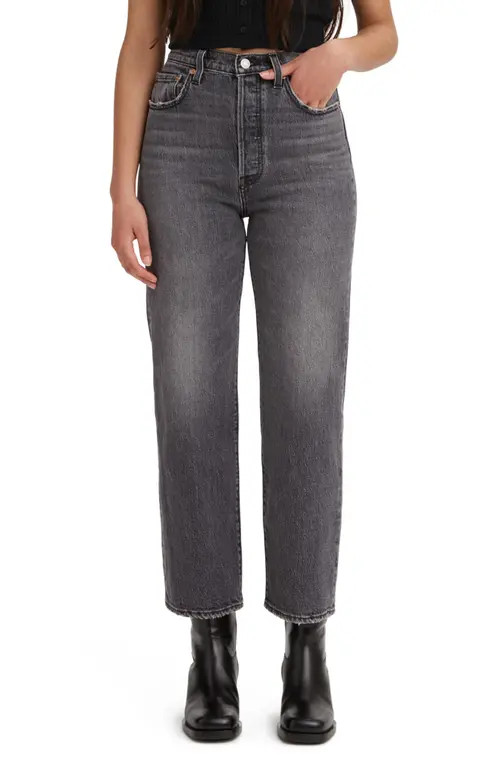 levi's Ribcage Straight Ankle Jeans in Z1599 Black Worn In at Nordstrom, Size 26 X 27 | Nordstrom