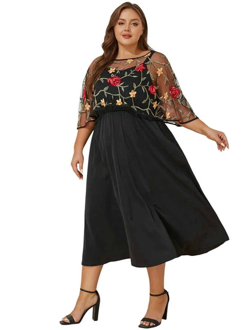 LapaPlus 2-Piece Elegant Womens Plus Size Dress Set: Embroidered Shawl & Suspender Dress with Poc... | Walmart (US)
