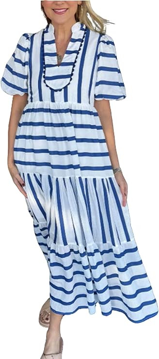 chouyatou Women's Summer Puff Sleeve Striped Midi Long Dress Notch Neck A-Line Tiered Boho Beach ... | Amazon (US)