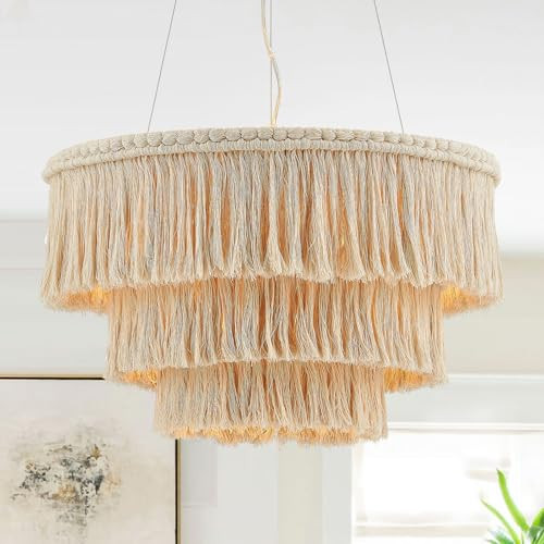 ELYCCUPA 24” Fringe Chandelier with Tassels 3-Tier Boho Hand Woven Pendant Light for Dining Room Kitchen Island Living Room Foyer, UL Listed | Amazon (US)