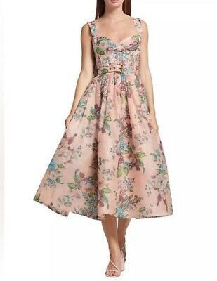 NEW Zimmermann Matchmaker Pink Floral Silk Linen Tie Midi Dress AU1 S  | eBay | eBay US