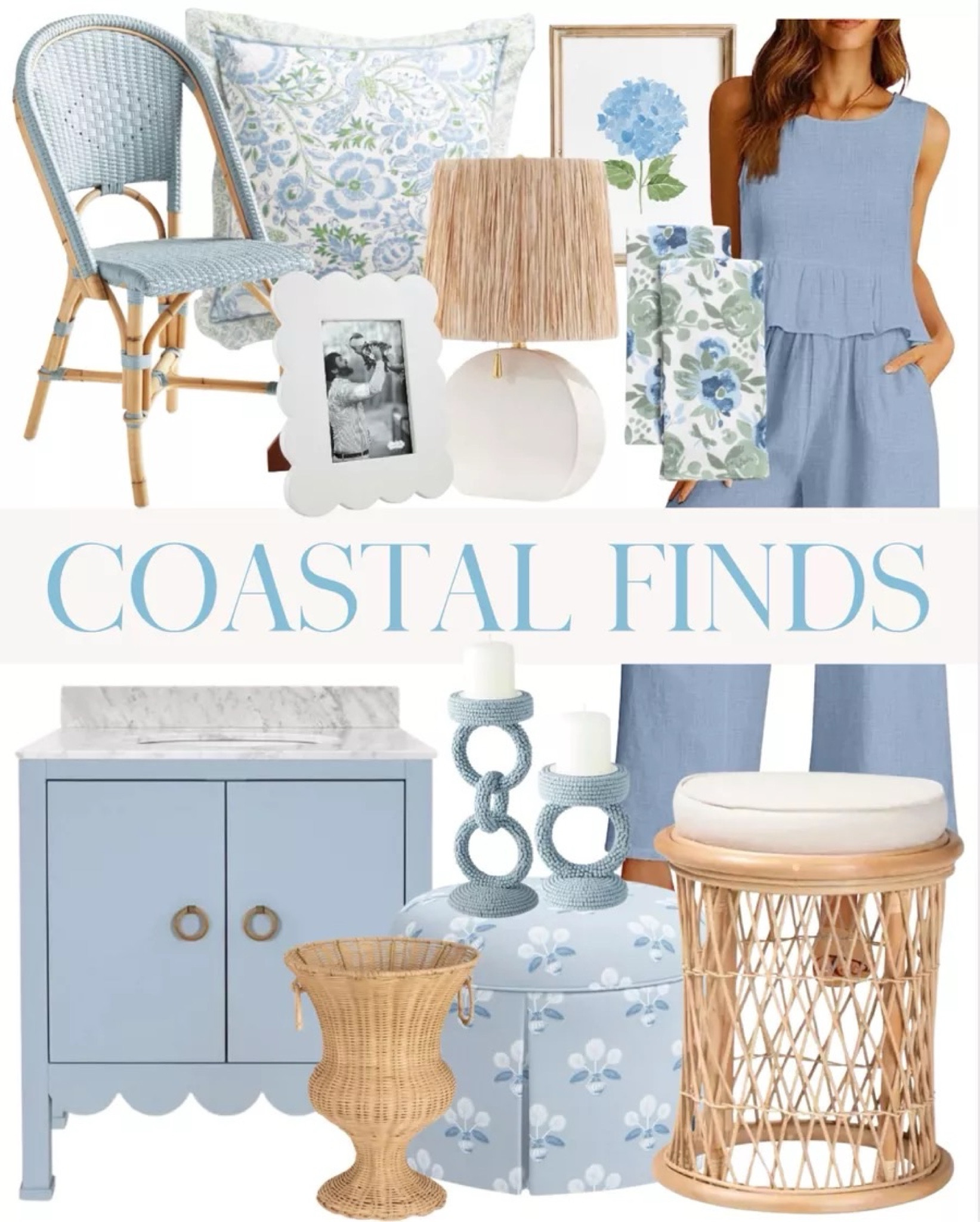 Some favorite Coastal home decor plus this cute matching two piece set that feels very grandmillennial / coastal grandma! Home decor finds featuring a blue vanity, rattan side table, blue candle holders, blue ottoman, round ottoman, block print, white lamp, scalloped frame, white frame, blue dining chair, bistro dining chair, rattan dining chair, and floral pillow
8/1

#LTKHome #LTKStyleTip #LTKSeasonal