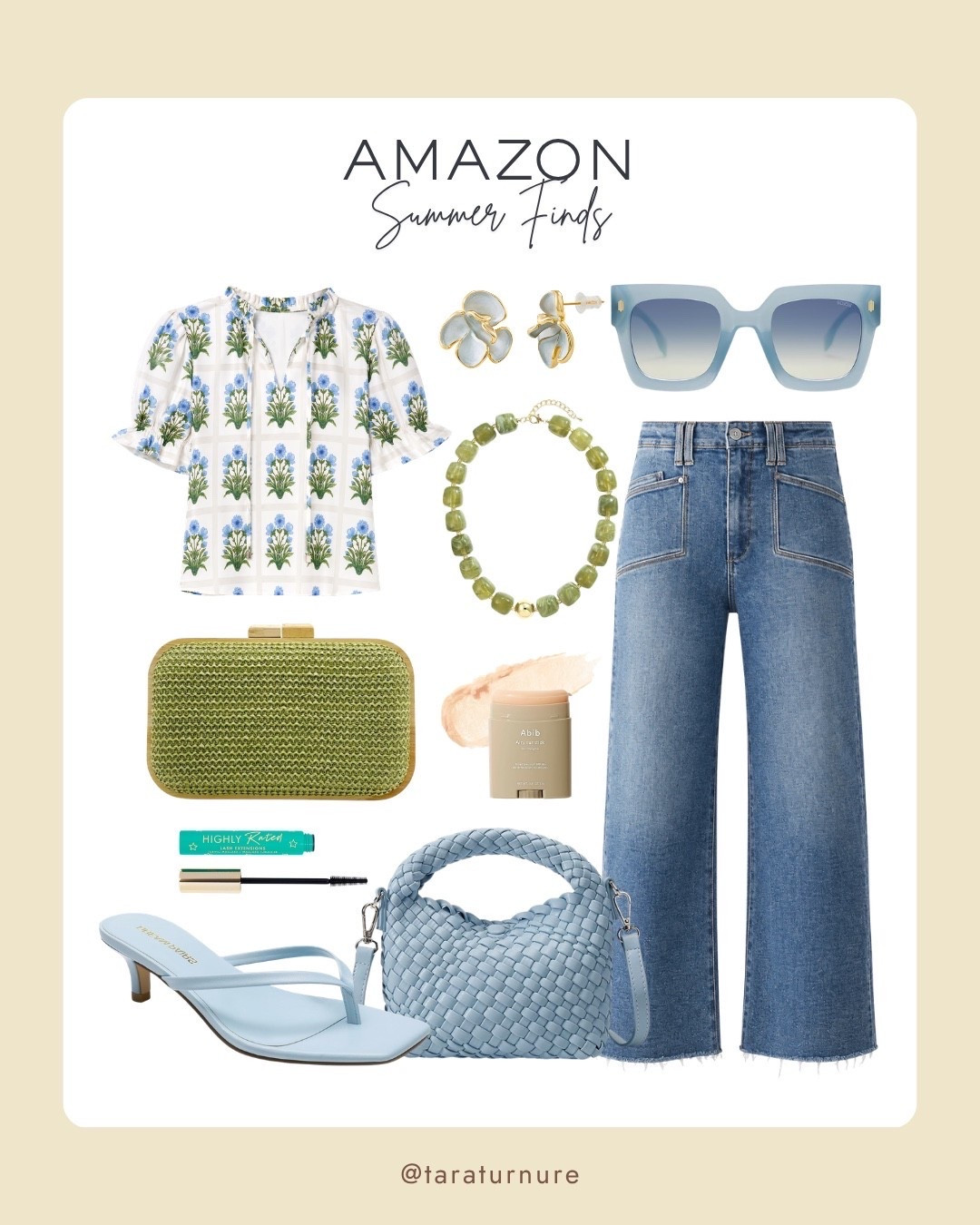 Loving this blue and green color combo for summer. From the floral blouse and wide-leg jeans to the woven clutch, statement accessories, and the cutest blue bag and sandals. Easy pieces that make getting dressed feel effortless.

#LTKStyleTip #LTKSeasonal #AmazonFinds #SummerStyle #SummerOutfit #AmazonFashion #WideLegJeans #CasualChic #EverydayStyle #FashionFinds

#LTKSeasonal #LTKOver40 #LTKootd