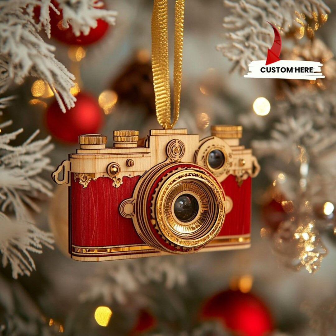 Custom Vintage Camera Christmas Ornament – Red & Gold Wooden Photographer Tree Decoration | Etsy (US)