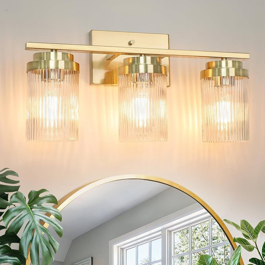 Gold Bathroom Light Fixtures 3 Lights Vanity Light with Grooved Glass Shade Vanity Lights for Bat... | Amazon (US)