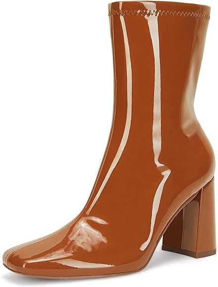 Coutgo Womens Square Toe Gogo Mid Calf Booties Patent Leather High Chunky Block Heel Side Zipper ... | Amazon (US)