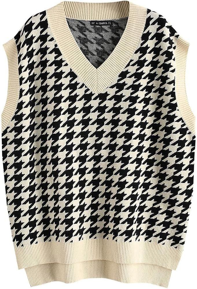 ZAFUL Women's Pullover Argyle Plaid Sweater Vest Houndstooth Knitted Sleeveless Sweater Preppy Style | Amazon (US)